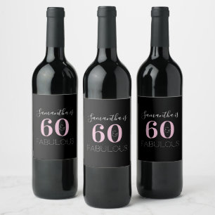 Personalised 60 and fabulous Black Pink Birthday Wine Label