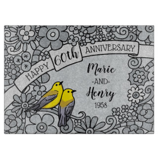 Personalised 60th Anniversary, Diamond Floral Bird Cutting Board