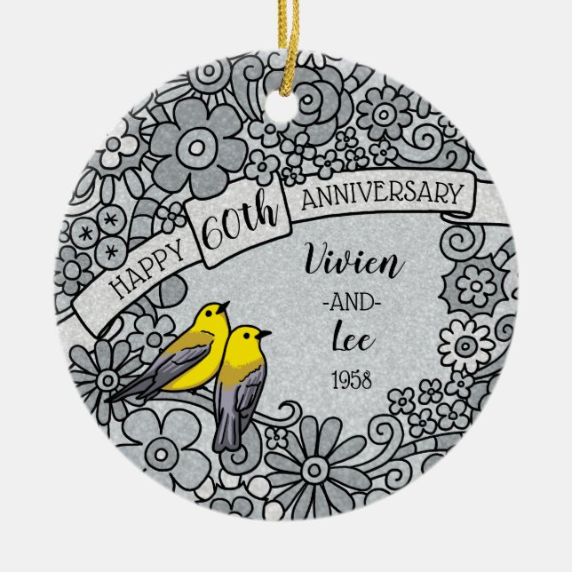 Personalised 60th Anniversary Diamond Floral Birds Ceramic Ornament (Front)