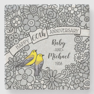 Personalised 60th Anniversary, Floral and Birds Stone Coaster