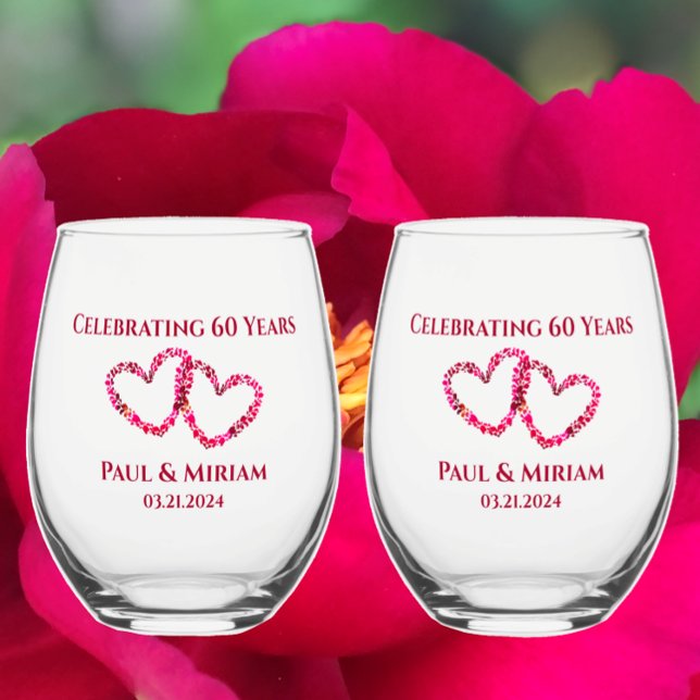 Personalised 60th Anniversary Floral Heart Gift Stemless Wine Glass (Celebrate a 60th anniversary with personalized name date beautiful pink peony heart wine glasses
)