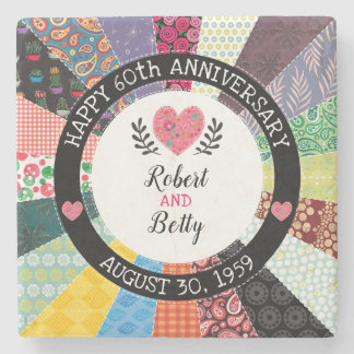 Personalised 60th Anniversary, Patchwork Quilt Stone Coaster