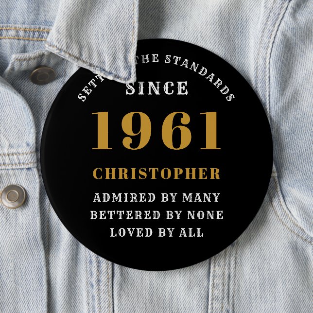 Personalised 60th Birthday 1961 Elegant Black Gold 6 Cm Round Badge (In Situ)
