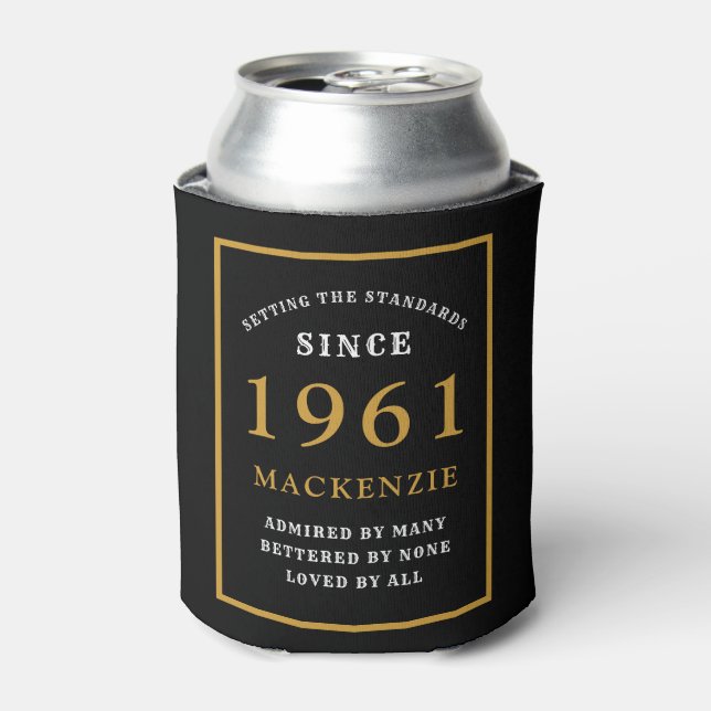 Personalised 60th Birthday 1961 Elegant Black Gold Can Cooler (Can Front)