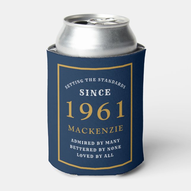 Personalised 60th Birthday 1961 Elegant Blue Gold Can Cooler (Can Front)