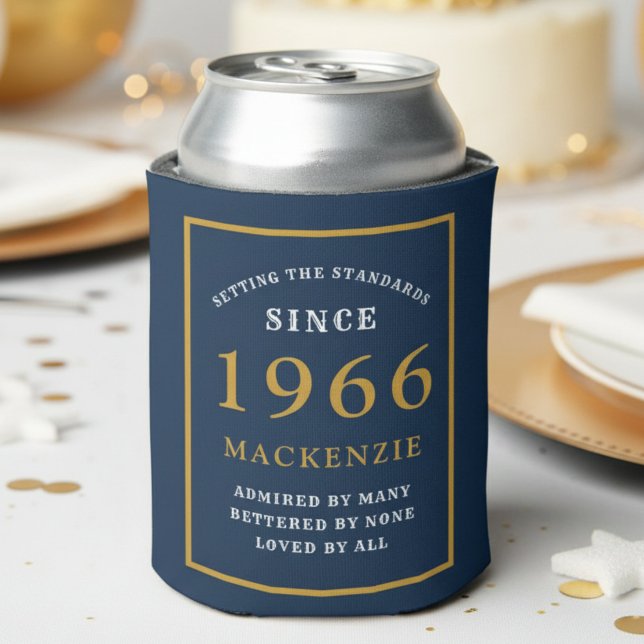 Personalised 60th Birthday 1966 Elegant Blue Gold Can Cooler (1966 blue can cooler. White background.)