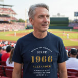 Personalised 60th Birthday 1966 Name Blue Gold T-Shirt<br><div class="desc">Celebrate a landmark birthday in style with this elegant and personalizable "Setting the Standards Since 1966" t-shirt. This custom tee makes the perfect 60th birthday gift for the amazing man in your life—a father, grandfather, husband, or friend. The blue short-sleeve, cotton t-shirt is designed for a comfortable, classic fit. The...</div>