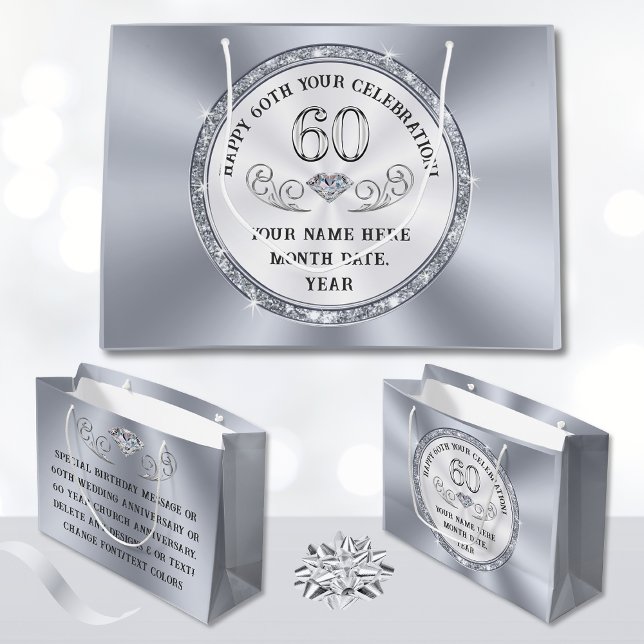 Personalised, 60th Birthday Gift Bag, Any Occasion Large Gift Bag (60th Gift Bag Ideas. 60th church anniversary ideas or 60th gift wrap, for any occasion. Gift Bags.)