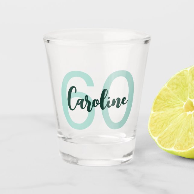 Personalised 60th Birthday Modern Teal Script Shot Glass (Front)