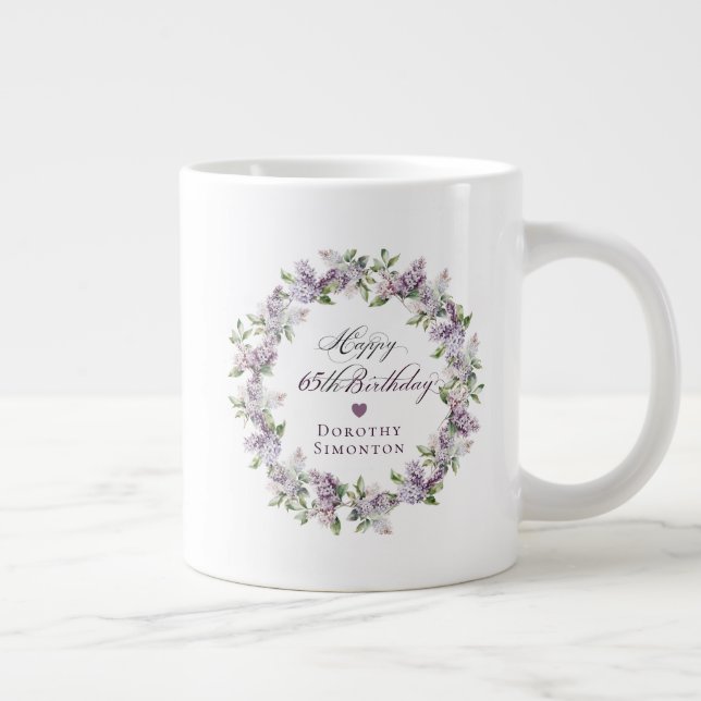 Personalised 65th Birthday Gift Purple Lilac Large Coffee Mug (Right)
