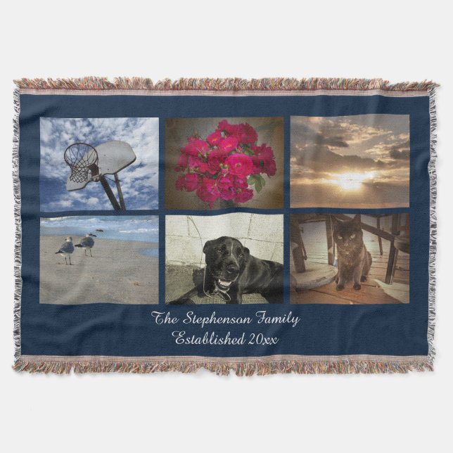 Personalised 6 Photo Afghan Picture Collage Blue Throw Blanket (Front)
