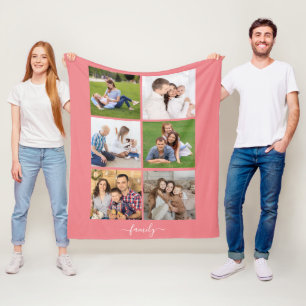 Personalised 6 Photo Collage family, Custom text Fleece Blanket