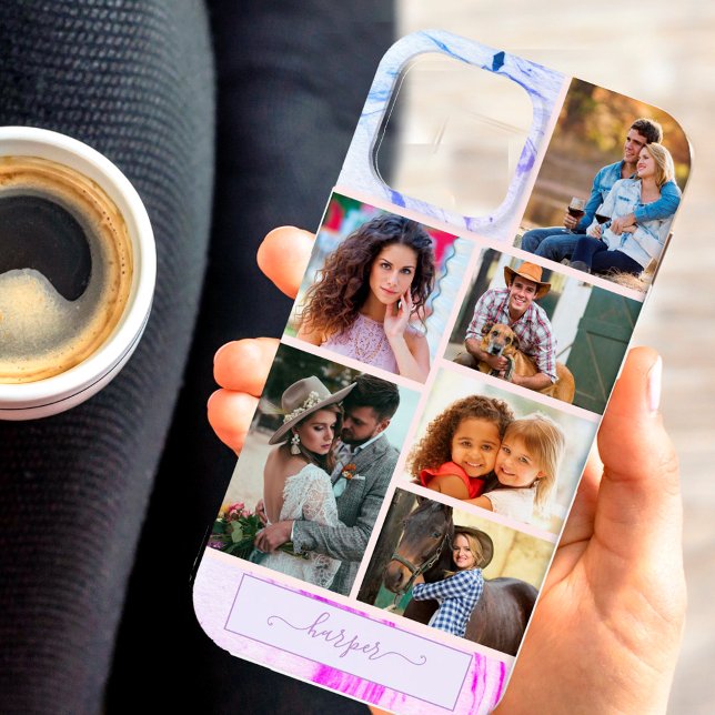 Personalised 6 Photo Collage Purple Pink Marble Case-Mate iPhone Case (Creator Uploaded)