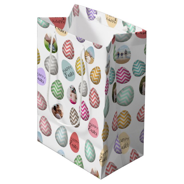 Personalised 6 Photo Pastel Easter Egg Pattern Medium Gift Bag (Front Angled)