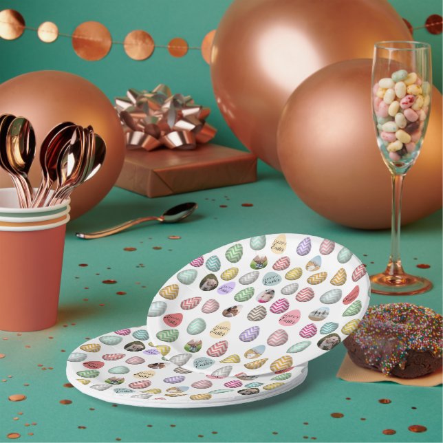 Personalised 6 Photo Pastel Easter Egg Pattern Paper Plate (Multi)