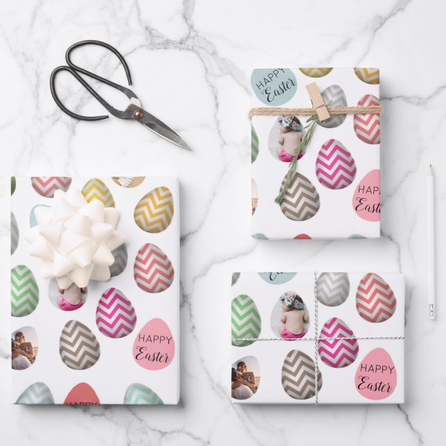 Personalised 6 Photo Pastel Easter Egg Pattern Wrapping Paper Sheet (Front)