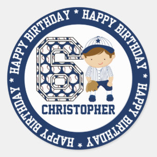 Personalised 6th Birthday Baseball Catcher Blue Classic Round Sticker
