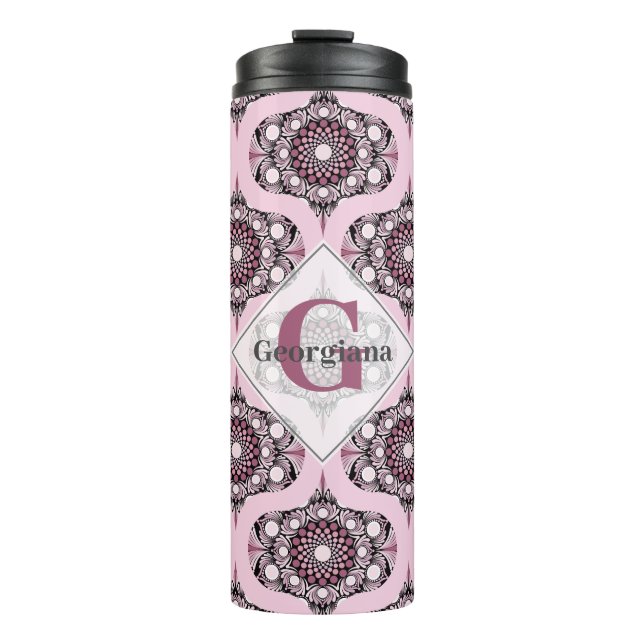 Personalised 70s Dusky Rose Cherry Blossom Mandala Thermal Tumbler (Front)