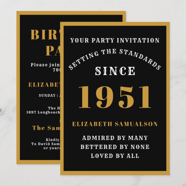 Personalised 70th Birthday 1951 Elegant Black Gold Invitation (Front/Back)