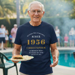 Personalised 70th Birthday 1956 Name Blue Gold T-Shirt<br><div class="desc">Celebrate a landmark birthday in style with this elegant and personalizable "Setting the Standards Since 1956" t-shirt. This custom tee makes the perfect 70th birthday gift for the amazing man in your life—a father, grandfather, husband, or friend. The blue short-sleeve, cotton t-shirt is designed for a comfortable, classic fit. The...</div>