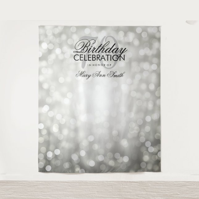 Personalised 70th Birthday Backdrop Silver Lights Tapestry (Front)