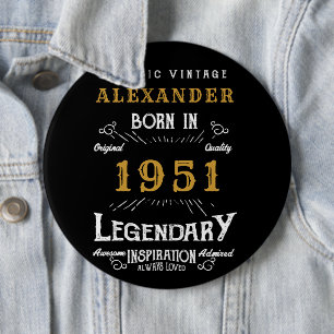 Personalised 70th Birthday Born 1951 Vintage Black 6 Cm Round Badge