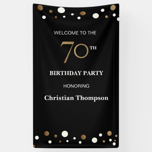 Personalised 70th Birthday Gold and black confetti Banner (Vertical)