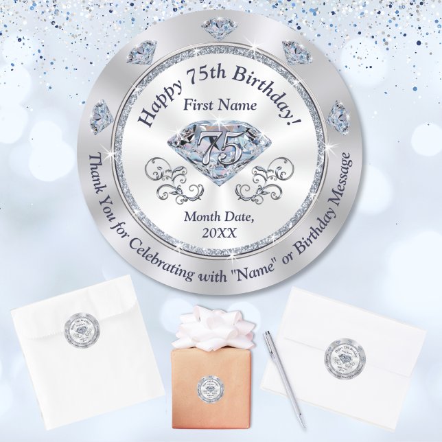 Personalised, 75th Birthday Stickers, for Favours, Classic Round Sticker (75th birthday stickers. 75th birthday favors. 75th birthday envelope seals. 75th birthday supplies.)