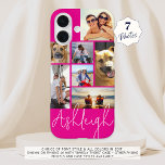 Personalised 7 Photo Collage Hot Pink Custom iPhone 16 Case<br><div class="desc">Create your own personalised custom colour photo cell phone case utilising this easy-to-upload photo collage template with 7 pictures in different sizes and shapes and your name in your choice of font style and all colours (shown with a chic handwritten signature style font in white on a hot pink background)....</div>
