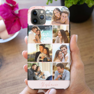 Personalised 7 Photo Collage Pink Marble iPhone 15 Mini Case