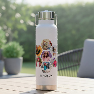 Personalised 7 Photo Hexagon Collage Name Water Bottle