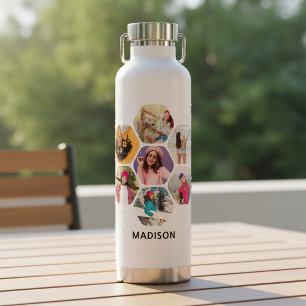 Personalised 7 Photo Hexagon Collage Name Water Bottle