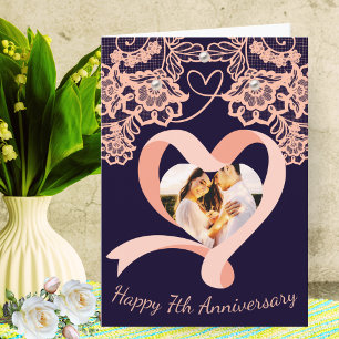 Personalised 7th Wedding Anniversary Peach Lace Card