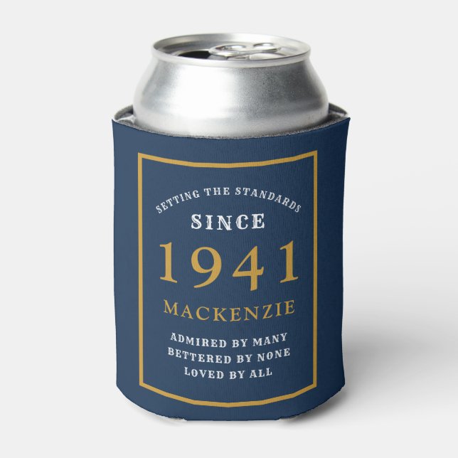 Personalised 80th Birthday 1941 Elegant Blue Gold Can Cooler (Can Front)