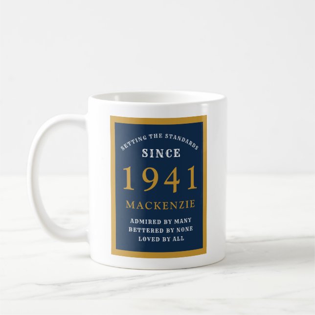 Personalised 80th Birthday 1941 Elegant Blue Gold Coffee Mug (Left)