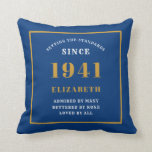 Personalised 80th Birthday 1941 Elegant Chic Blue Cushion<br><div class="desc">For those born in 1941 and celebrating their 80th birthday we have the ideal surprise birthday party throw pillow gift. The blue background with a white and gold design is simple and yet elegant. Easily customise the text to the front and the interior of these party supplies using the template...</div>