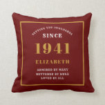 Personalised 80th Birthday 1941 Elegant Chic Red Cushion<br><div class="desc">For those born in 1941 and celebrating their 80th birthday we have the ideal surprise birthday party throw pillow gift. The red background with a white and gold design is simple and yet elegant. Easily customise the text to the front and the interior of these party supplies using the template...</div>