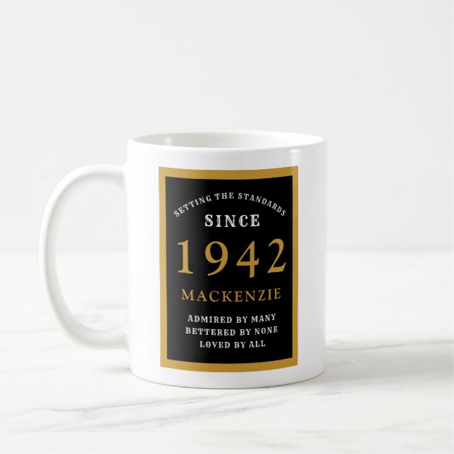 Personalised 80th Birthday 1942 Elegant Black Gold Coffee Mug (Left)