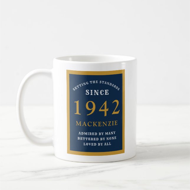 Personalised 80th Birthday 1942 Elegant Blue Gold Coffee Mug (Left)