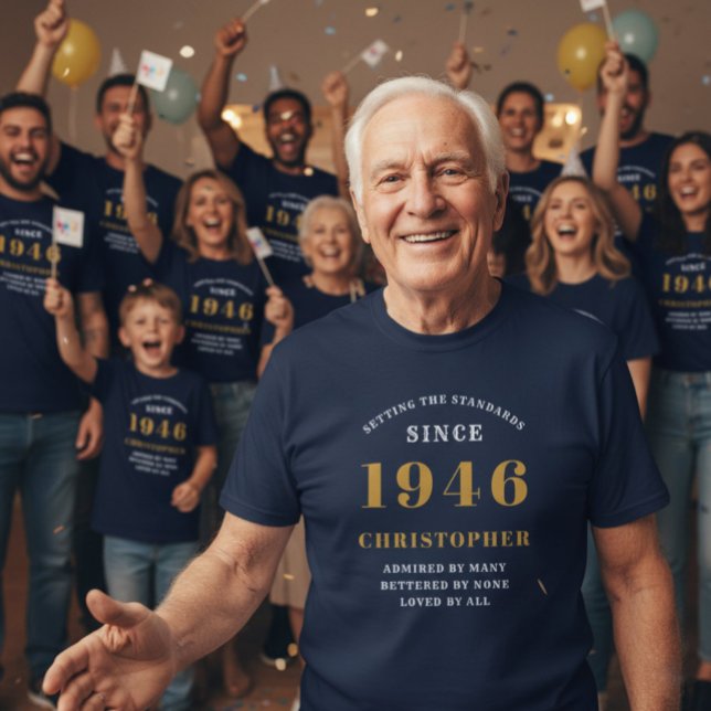 Personalised 80th Birthday 1946 Add Name Blue Gold T-Shirt (1946 blue tshirt worn by many people at a party.)