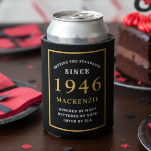 Personalised 80th Birthday 1946 Elegant Black Gold Can Cooler