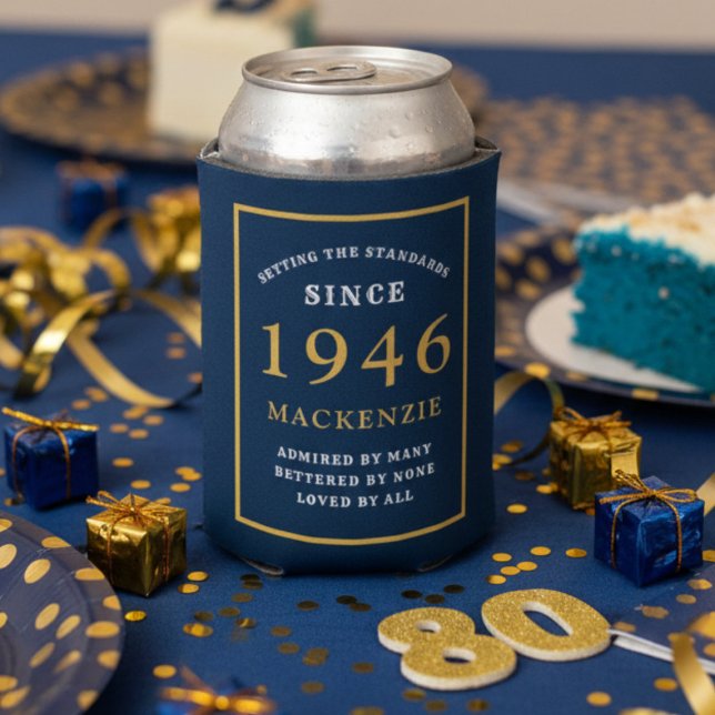 Personalised 80th Birthday 1946 Elegant Blue Gold Can Cooler (80th birthday blue and gold can cooler on a party table.)