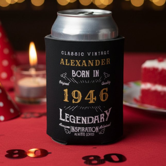 Personalised 80th Birthday Add Name Year Legendary Can Cooler (80th birthday can cooler on a red party table.)