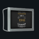 Personalised 80th Birthday Born 1941 Vintage Black Belt Buckle<br><div class="desc">A personalised belt buckle for that birthday persons born in 1941 and turning 80. Add the name to this vintage retro style black, white and gold design for a custom 80th birthday gift. Easily edit the name and year with the template provided. A wonderful custom black birthday gift. More gifts...</div>