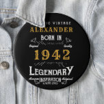Personalised 80th Birthday Born 1942 Vintage Black 6 Cm Round Badge<br><div class="desc">A personalised huge button / pin badge for that birthday person born in 1942 and turning 80. Add the name to this vintage retro style black, white and gold design for a custom 80th birthday gift. Easily edit the name and year with the template provided. A wonderful custom black birthday...</div>