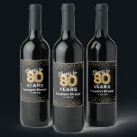 Personalised 80th Birthday Wine Label<br><div class="desc">Custom elegant eightieth birthday party wine bottle labels featuring a stylish black background that can be changed to any colour,  gold sparkly glitter,  eighty gold hellium balloons,  and a modern text template that is easy to personalise.</div>