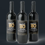 Personalised 80th Birthday Wine Label<br><div class="desc">Custom elegant eightieth birthday party wine bottle labels featuring a stylish black background that can be changed to any colour,  gold sparkly glitter,  eighty gold hellium balloons,  and a modern text template that is easy to personalise.</div>