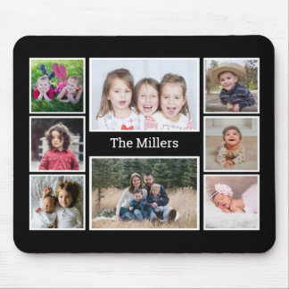 Personalised 8 Photo collage Family Name Black Mouse Pad