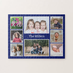 Personalised 8 Photo collage Family Name Blue  Jigsaw Puzzle