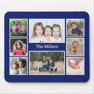 Personalised 8 Photo collage Family Name Blue Mouse Pad